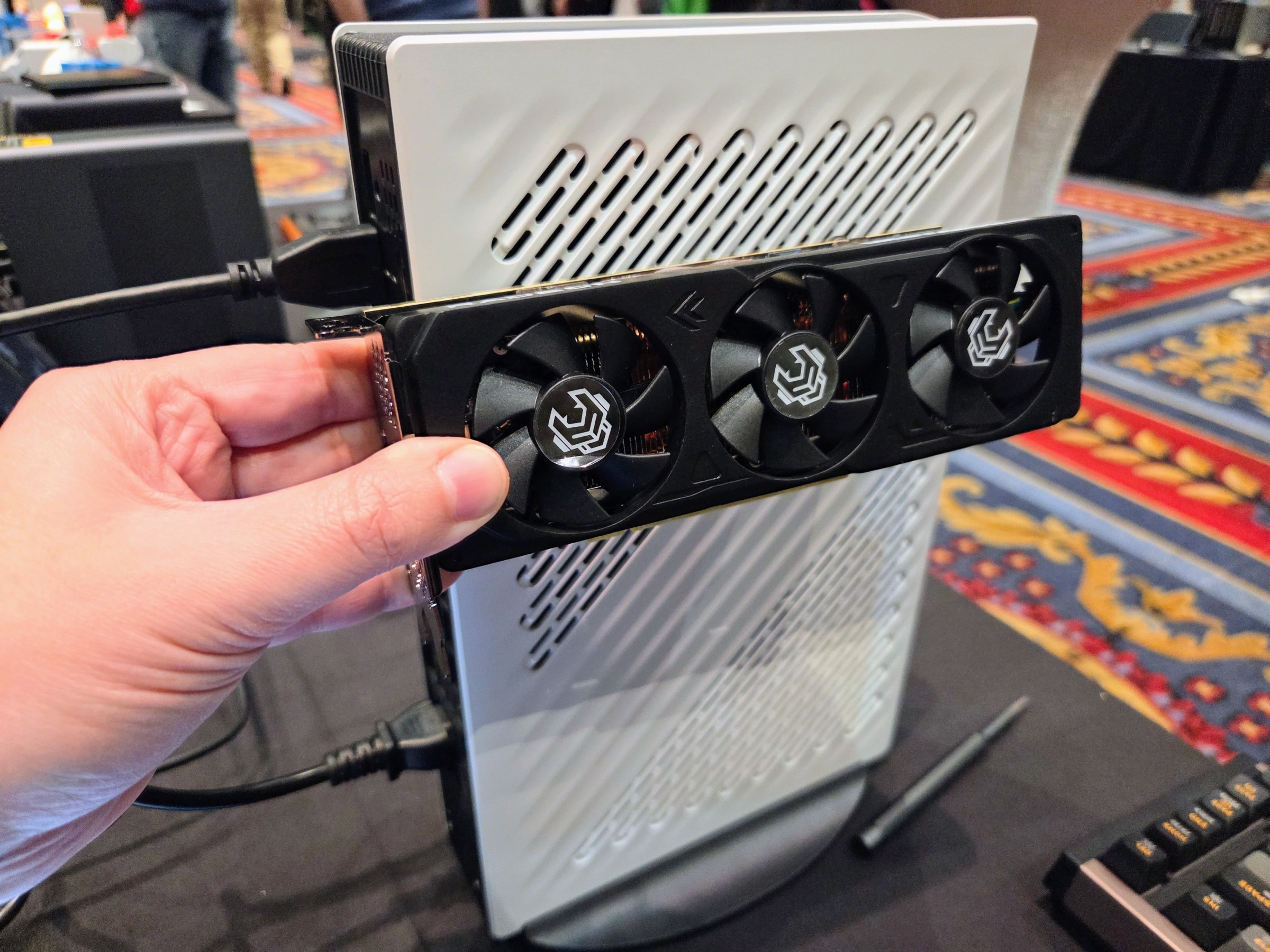 Tiny GPU! Minisforum originally announced this PC with an RTX 5060, but seems there’s a Radeon that’ll fit too.