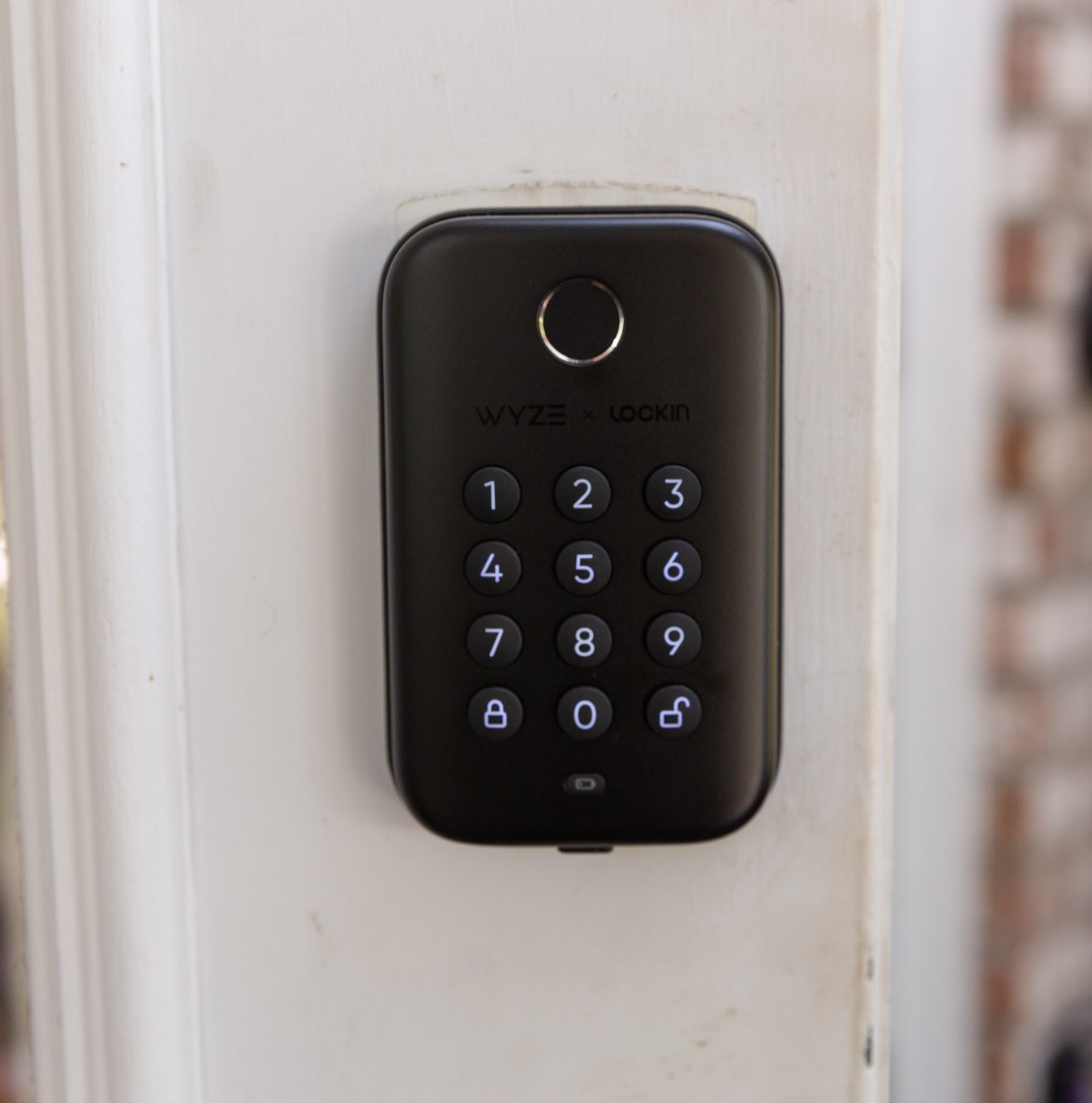 A keypad door lock on a door