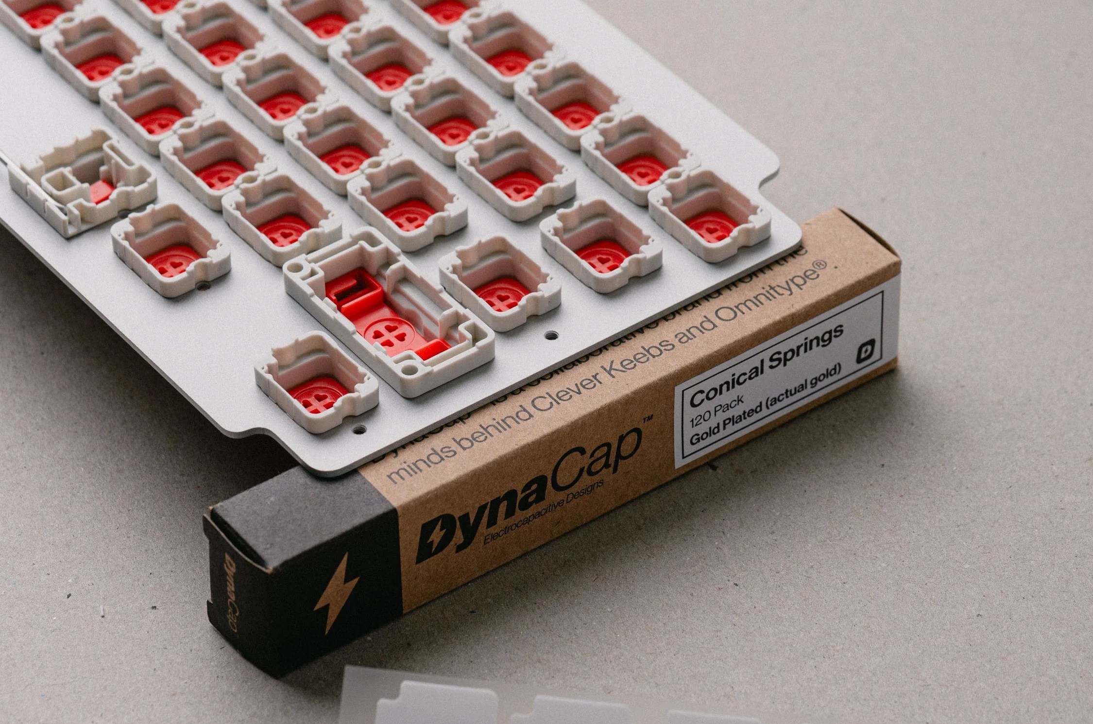 underside of an electrocapacitive switchplate showing red sliders in white housings