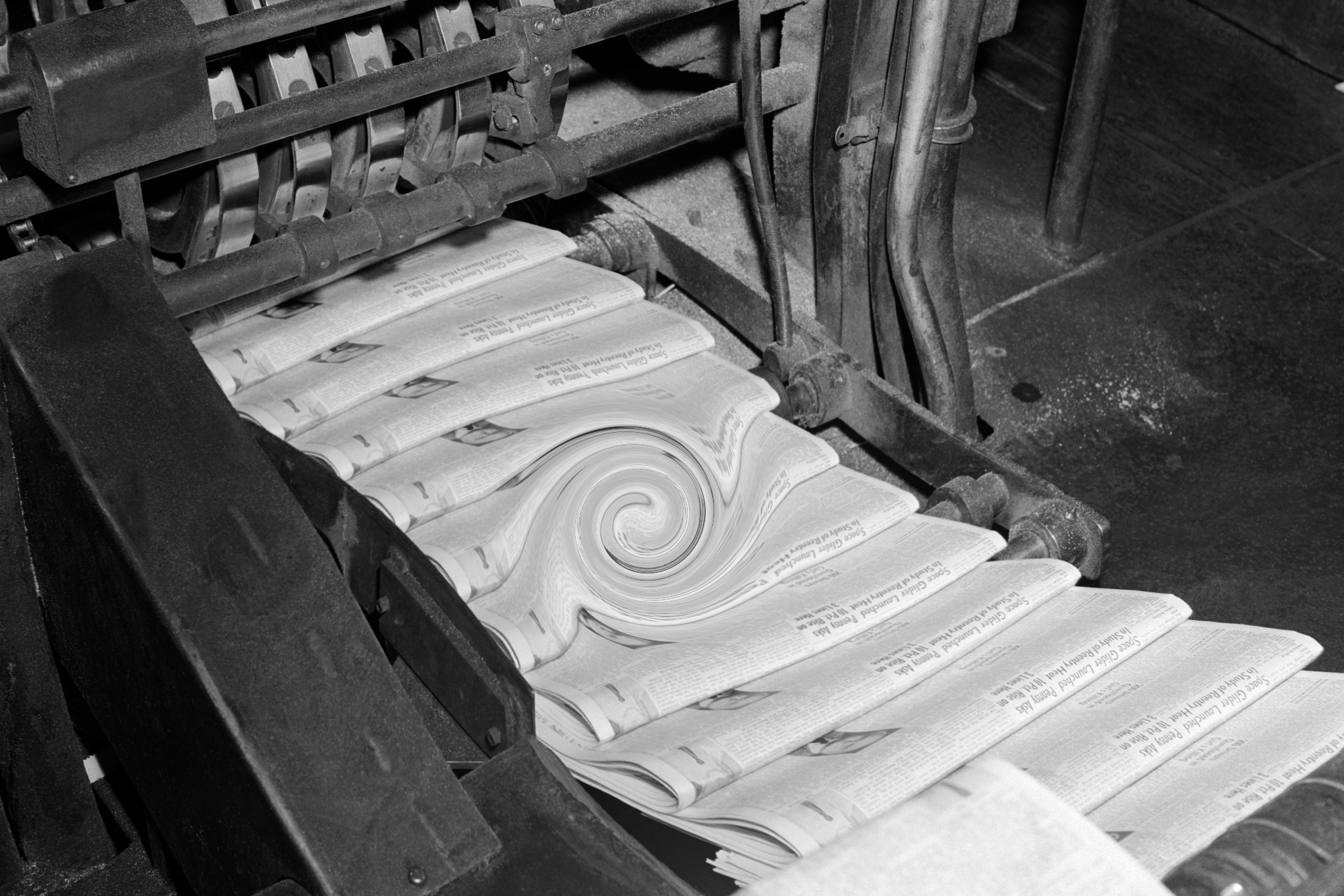 Printing press with newspapers coming out of it, with the papers swirling together