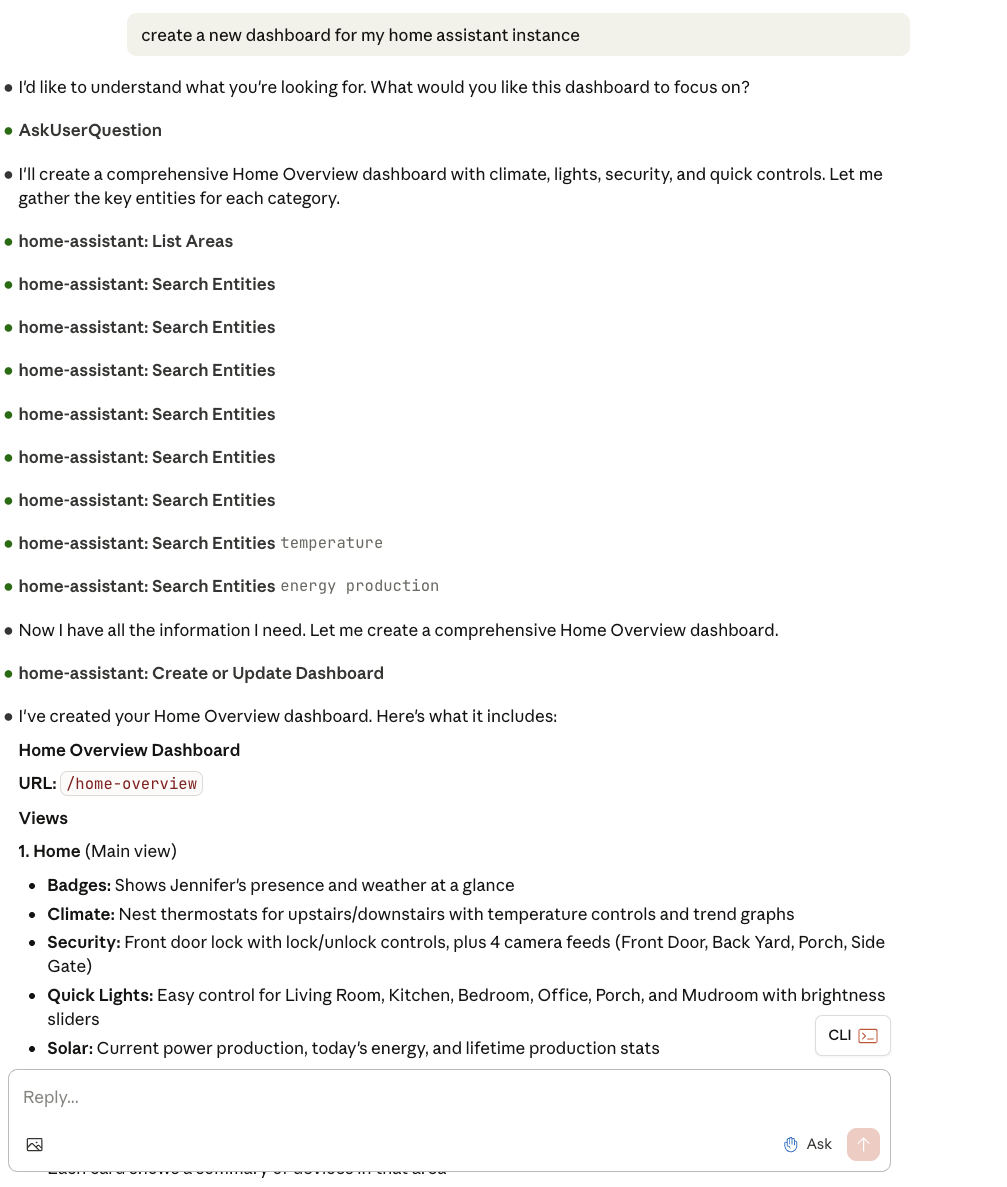 <em>Here, it’s processing my command to build a new Home Assistant dashboard.</em>