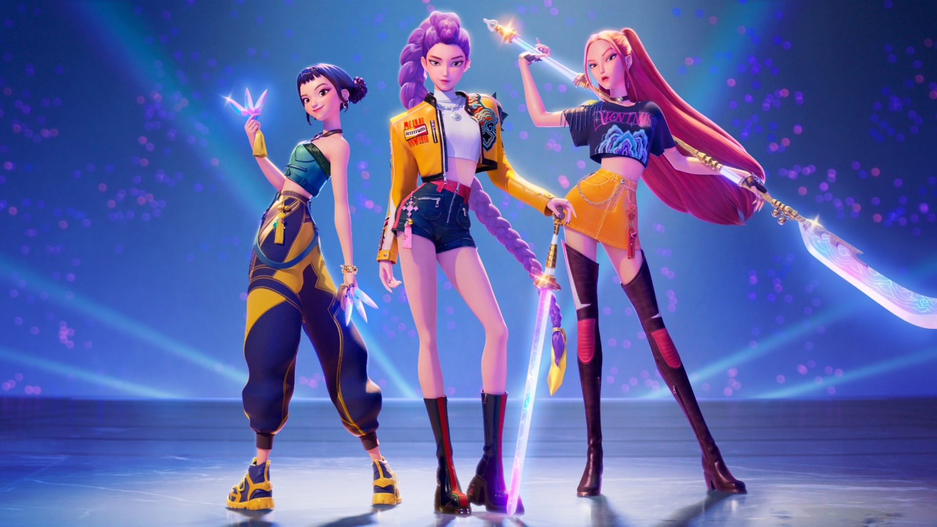 Zoey, Rumi, and Mira pose with glowing weapons in KPop Demon Hunters.