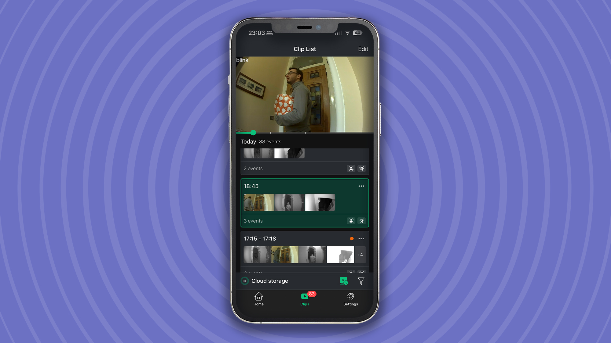 Video list from Blink Mini 2 camera, in mobile app