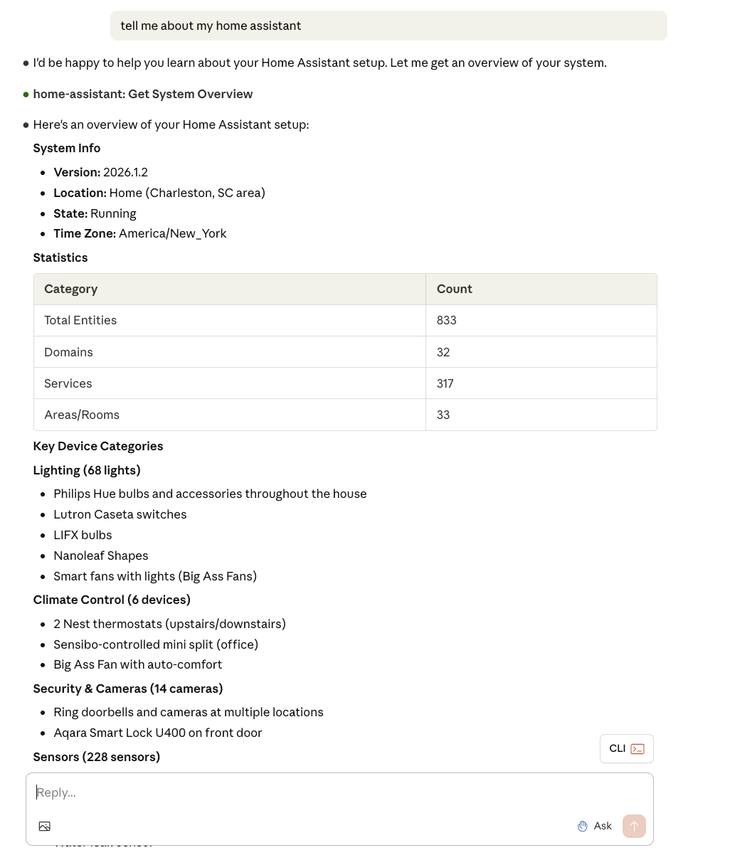 <em>Once integrated using ha-mcp, Claude was able to interface directly with Home Assistant and move more fluidly to understand and manage my smart home.</em>