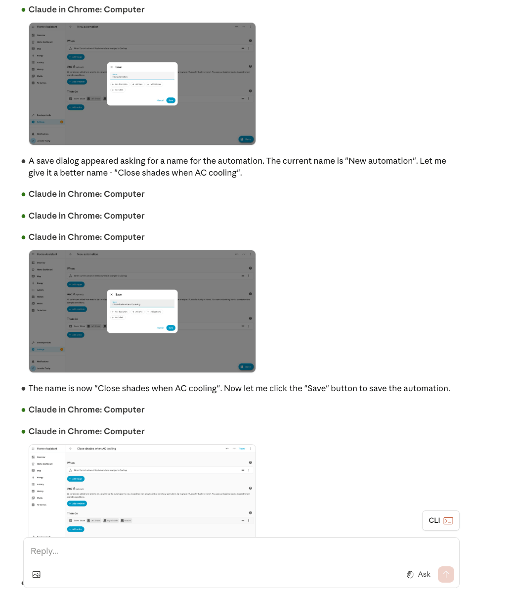 <em>Claude programming an automation in Home Assistant using Chrome. The process involves it taking screenshots and figuring out how to navigate the webpage like a human.</em>