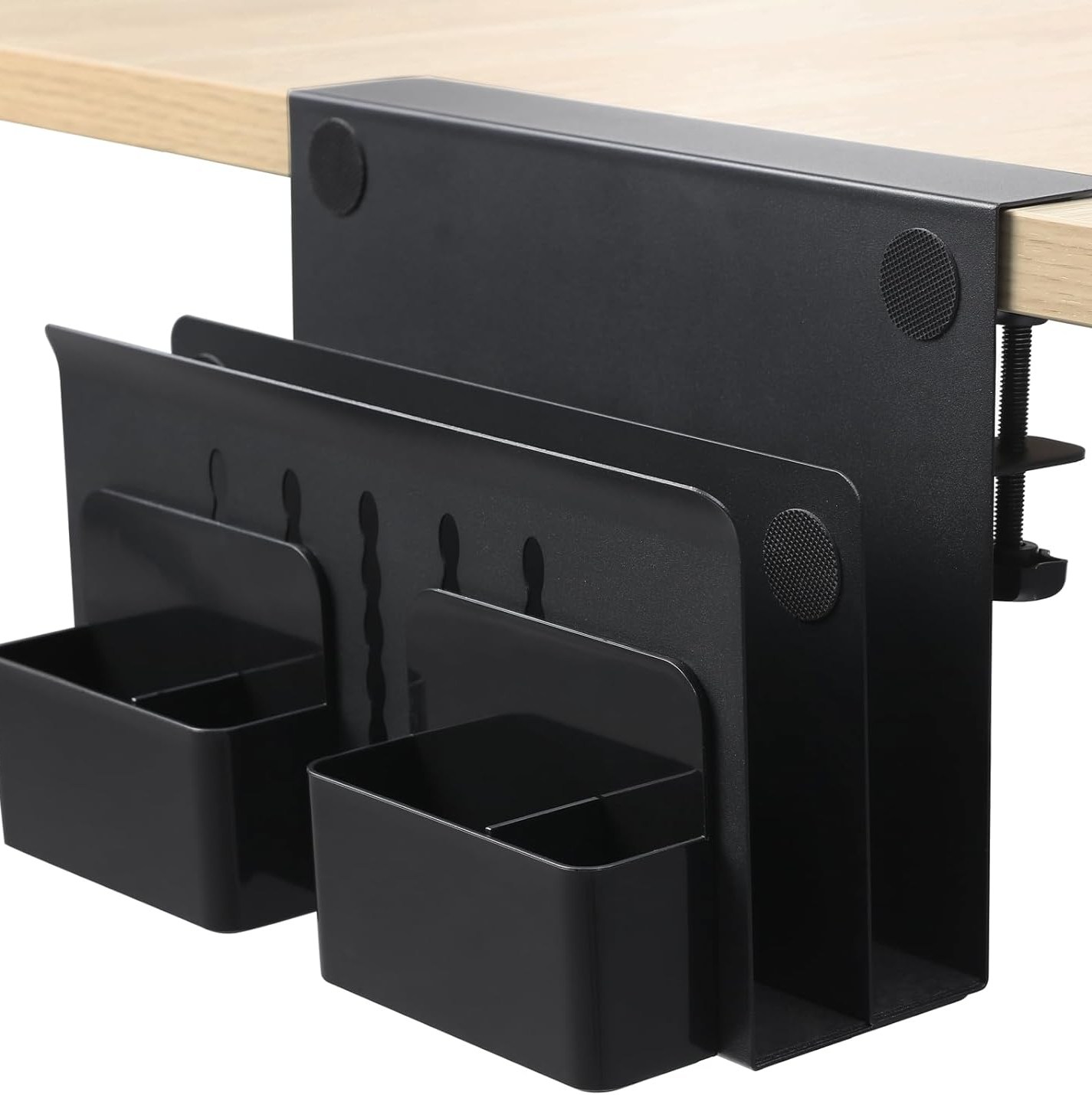 Black holder for laptops and other things clamped to the side of a desk