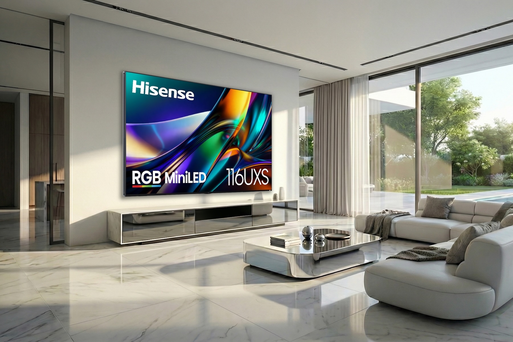 The 116-inch Hisense UXS RGB Mini-LED TV in a modern living room.