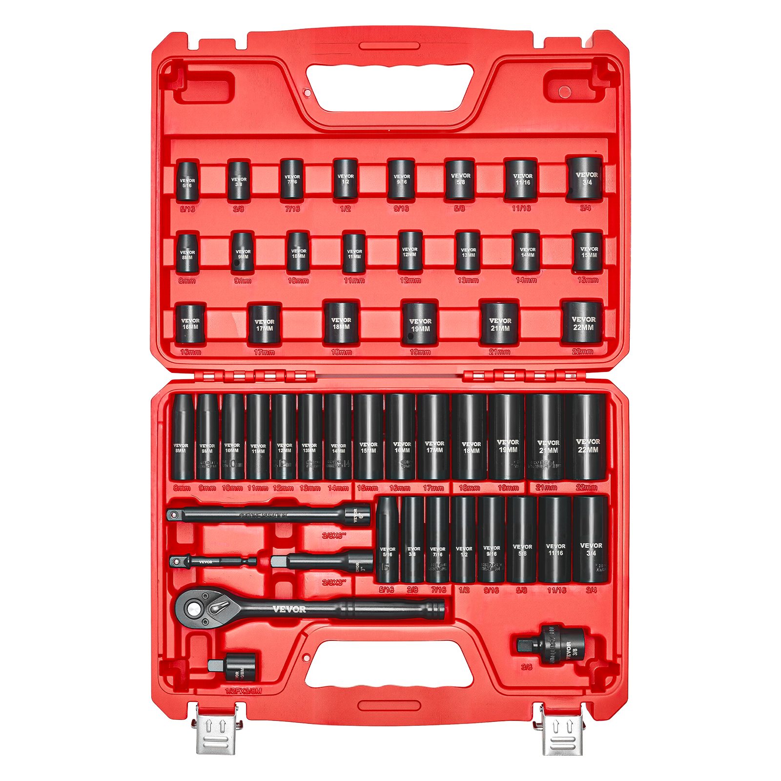 VEVOR Impact Socket Set 3/8” Drive, 50-Piece Standard SAE (5/16 to 3/4 inch) & Metric (8 to 22 mm) Size