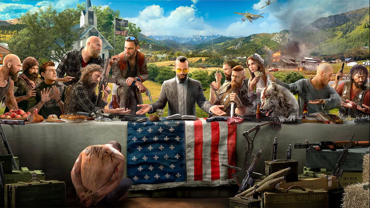 The cast of Far Cry 5 sits at a table.