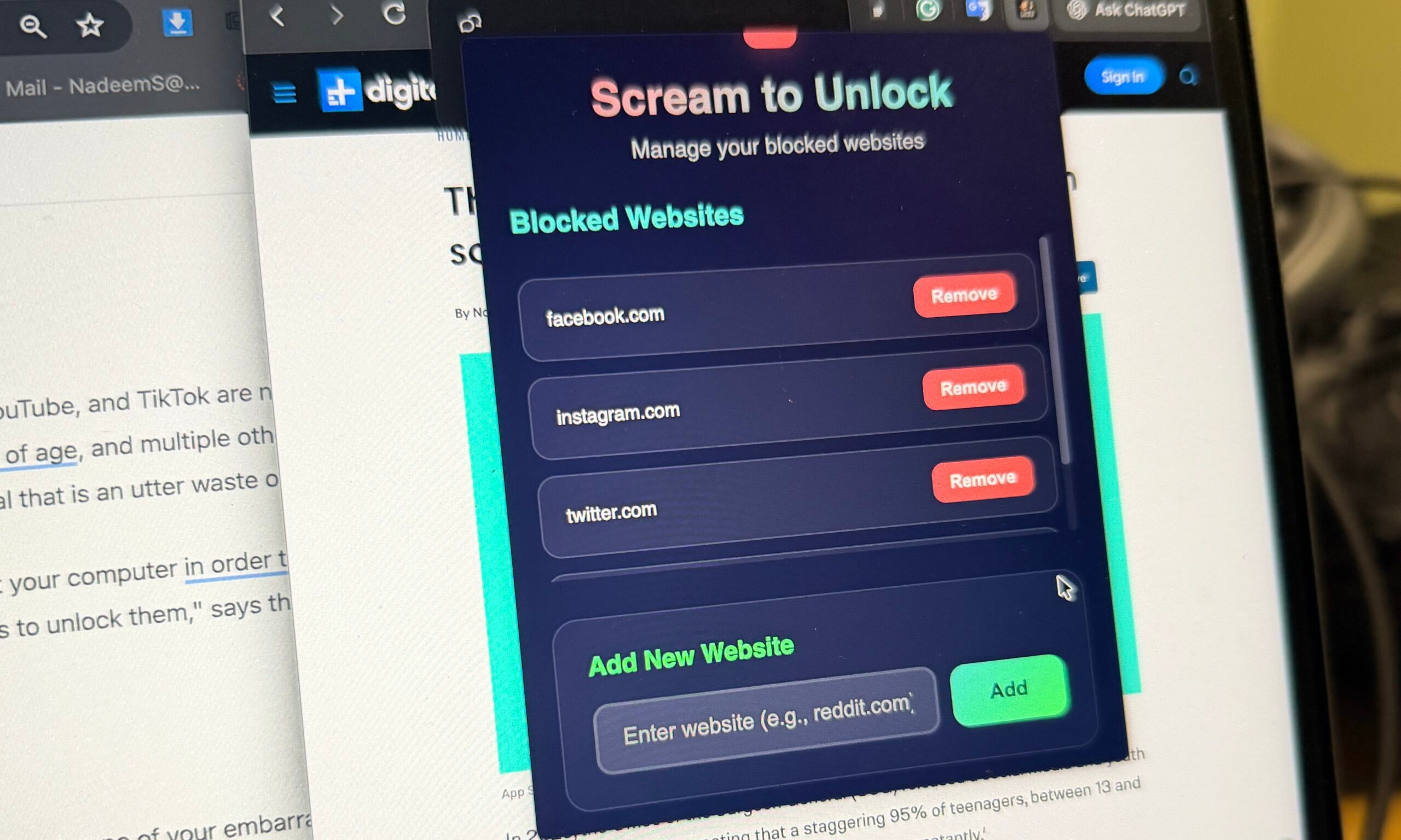 View of screaming Chrome extension.