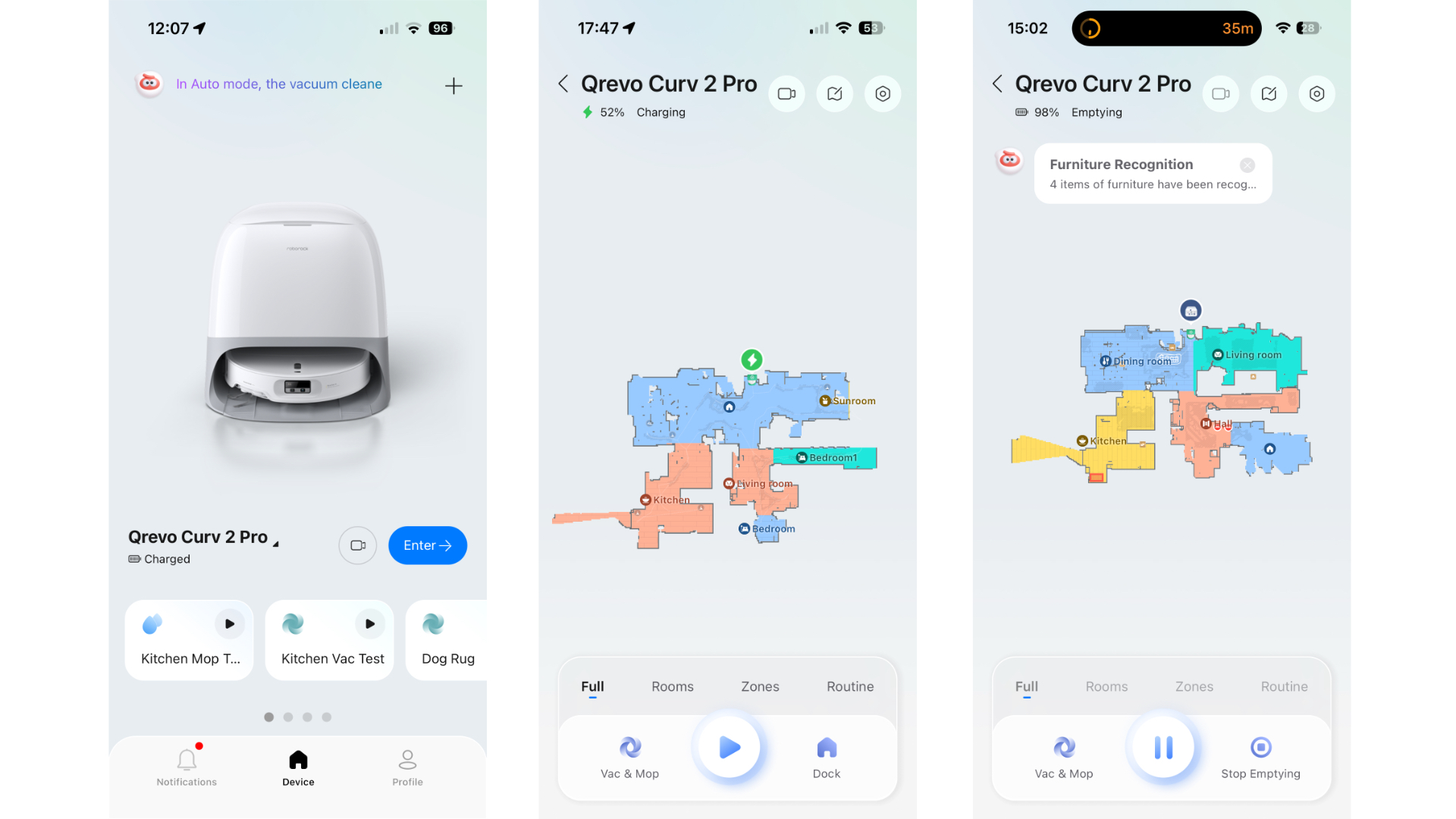 Screenshots from the Roborock companion app