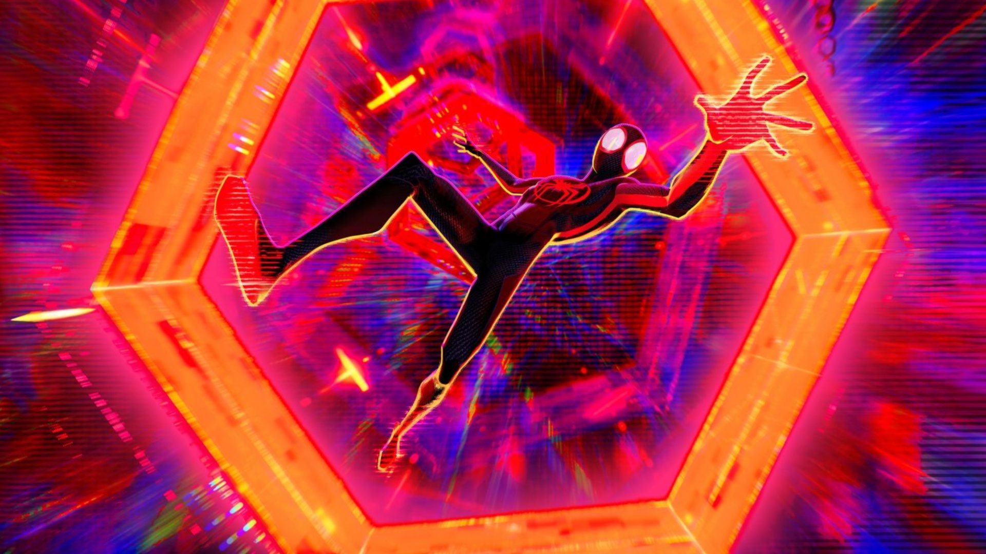 Miles Morales as Spider-Man following through the neon colors of the multiverse.