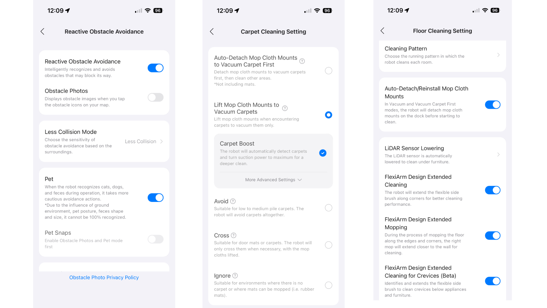 Screenshots from the Roborock companion app