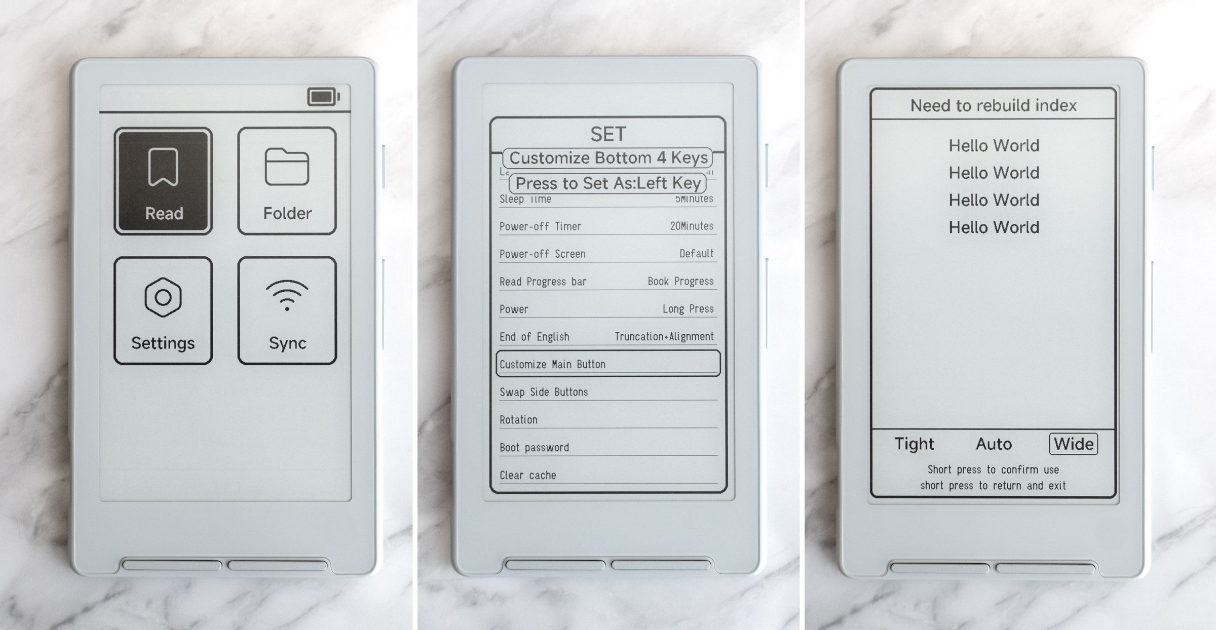 Three images of the Xteink X4 e-reader’s stock user interface.