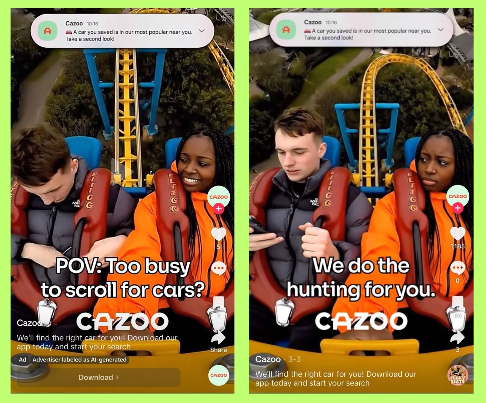 Two screenshot examples of ads and promotional content on TikTok that use AI-generated visuals.