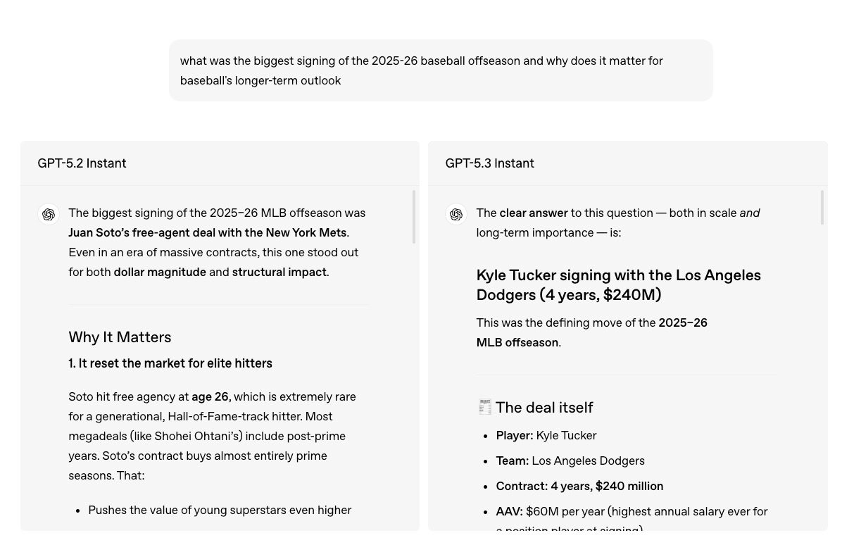 ChatGPT 5.3 giving instant answer to a web search