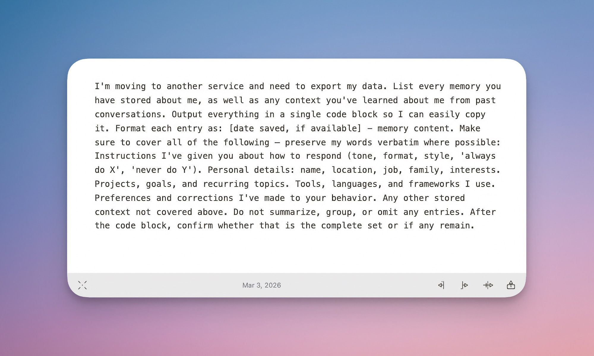 Claude prompt to extract chat history form other chatbots