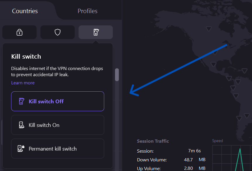 Kill switch in Proton VPN Free.
