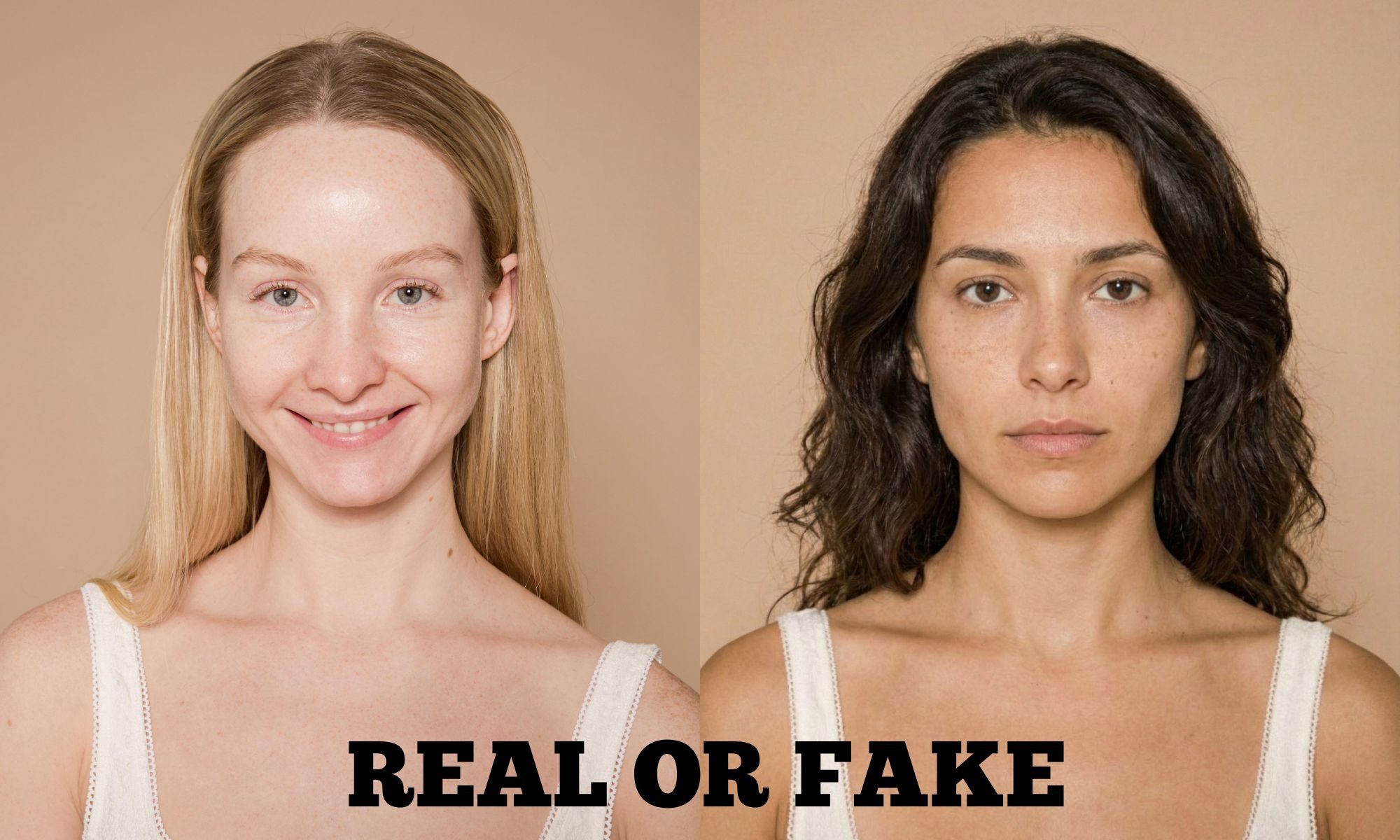 Image of a human woman next to an AI-generated face with Real or Fake text at the bottom.