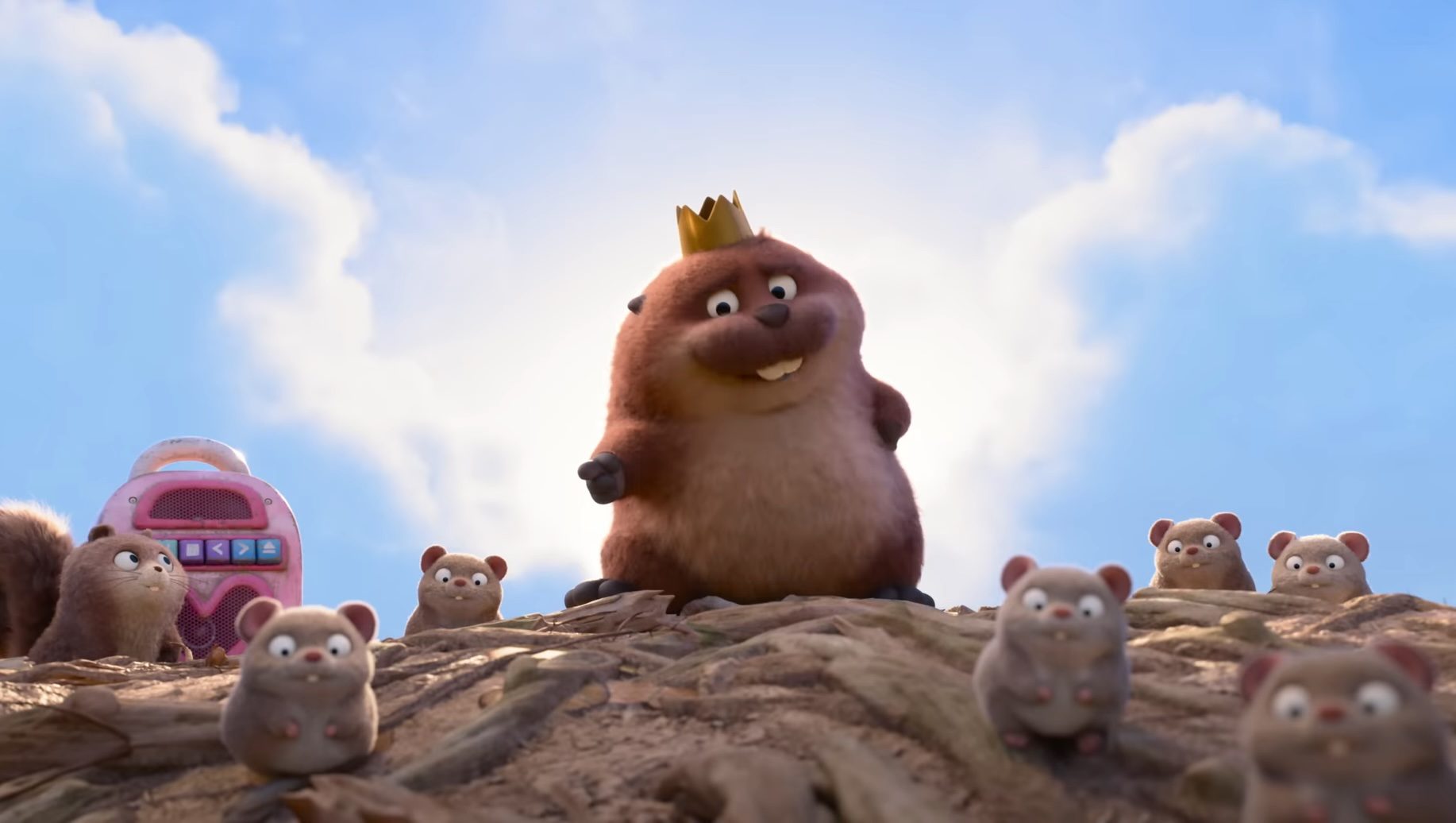 King George pointing while surrounded by animals in the Pixar film Hoppers.