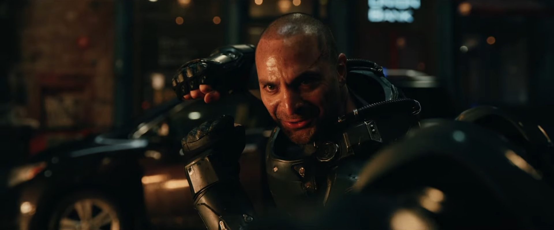 Mac Gargan (Michael Mando) wearing an armored suit as The Scorpion in the Marvel film, Spider-Man: Brand New Day.