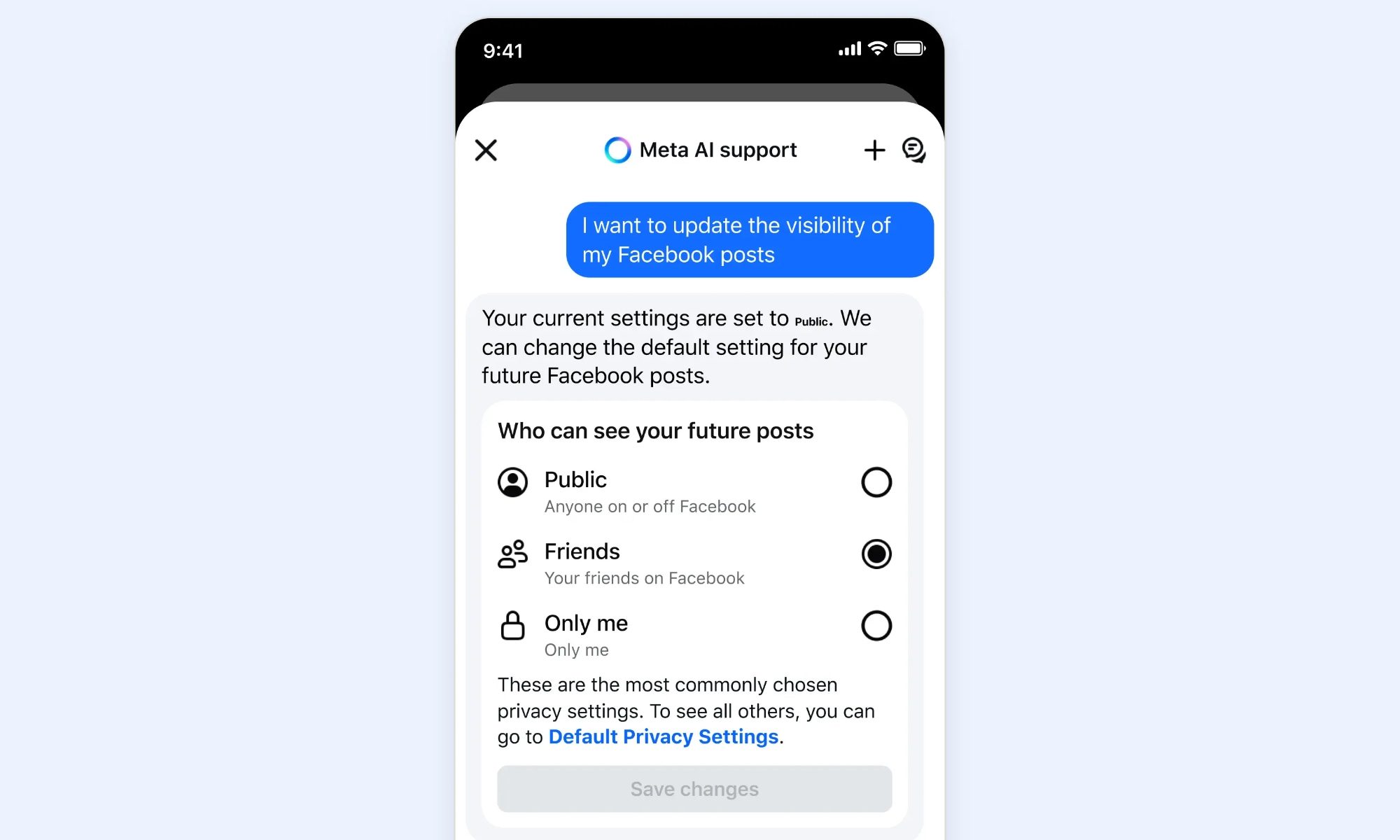 Meta AI support helping change post visibility setting