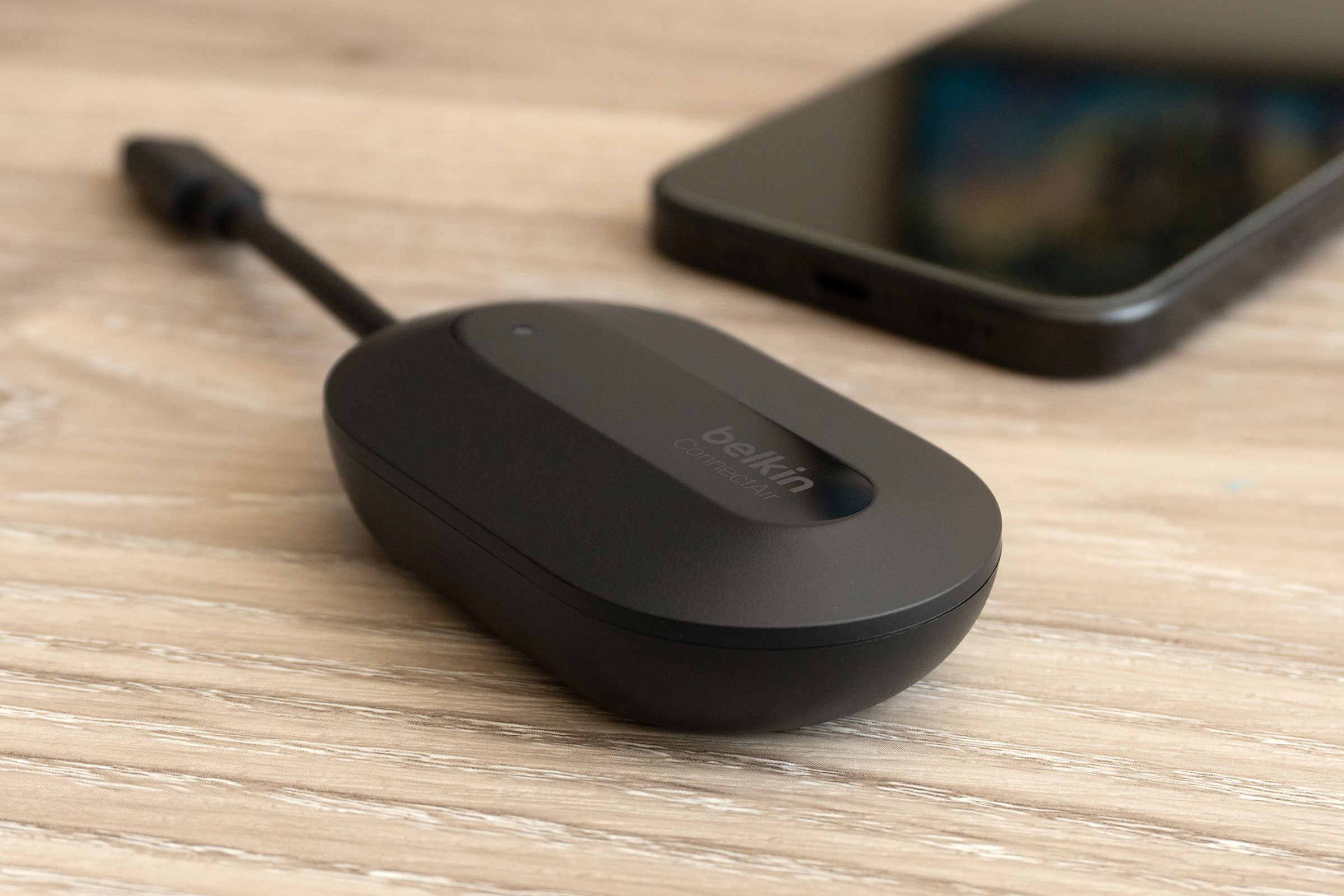 A close-up of one edge of the Belkin ConnectAir transmitter.