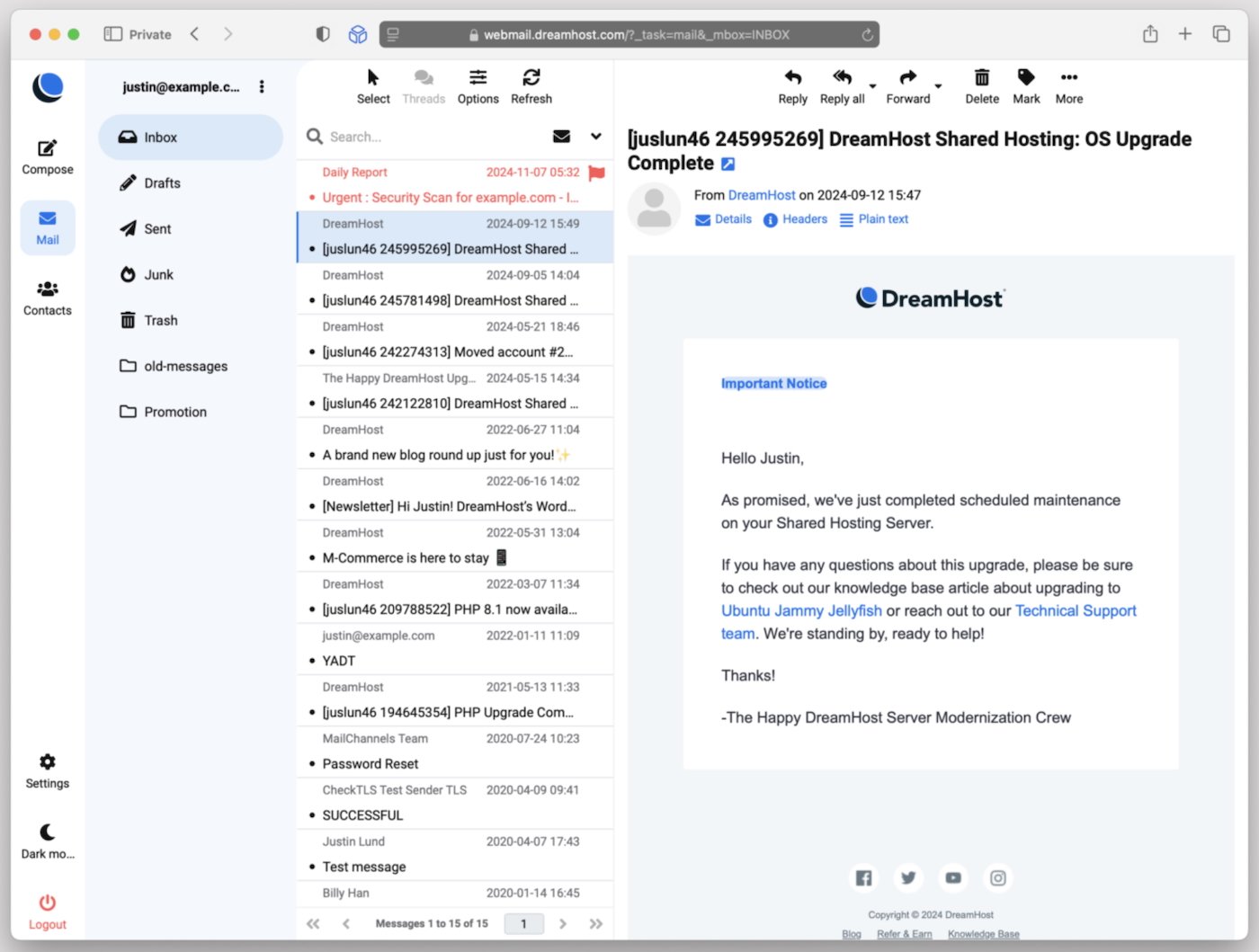 DreamHost inbox with a sample email message.