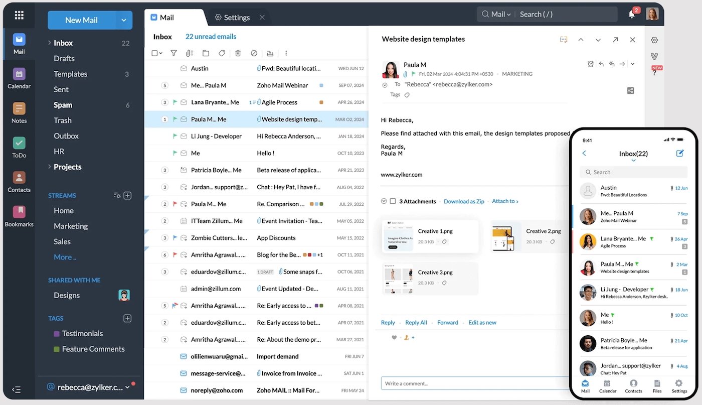 Zoho Mail’s desktop and mobile inbox interfaces.