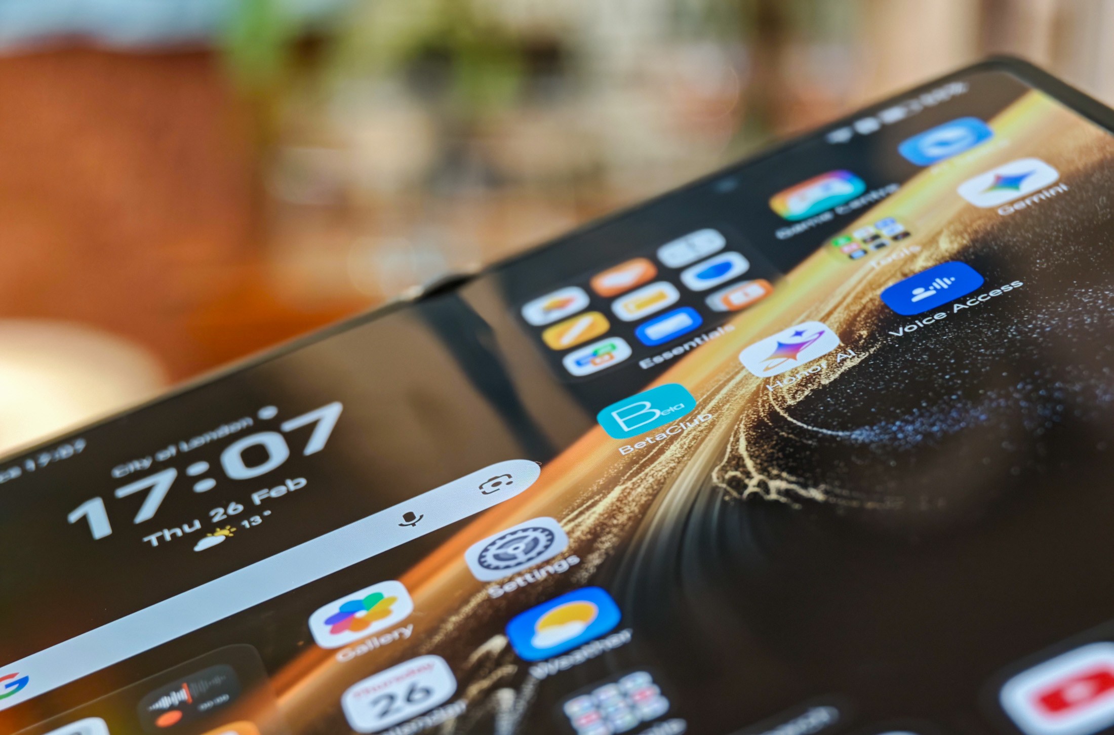 Photo of the Honor Magic V6, open, showing the crease