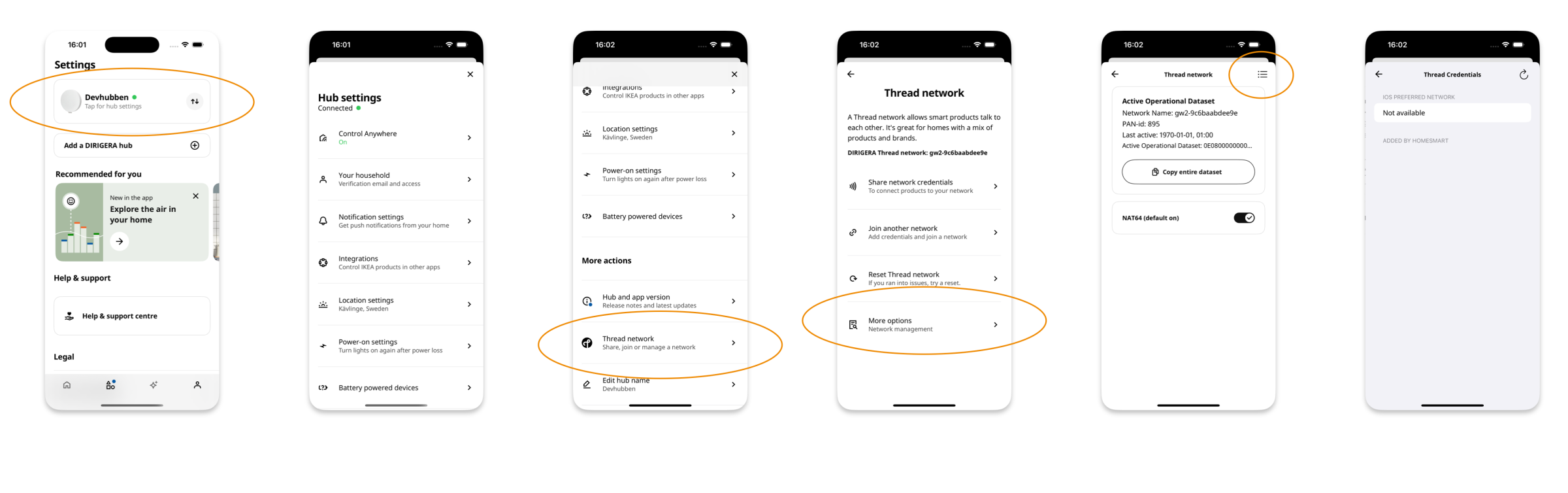 These screenshots show how to access the Thread troubleshooting tools in Ikea’s Home Smart app.