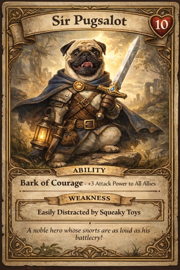 A fantasy role-playing game trading card featuring a pug dog as a heroic character.