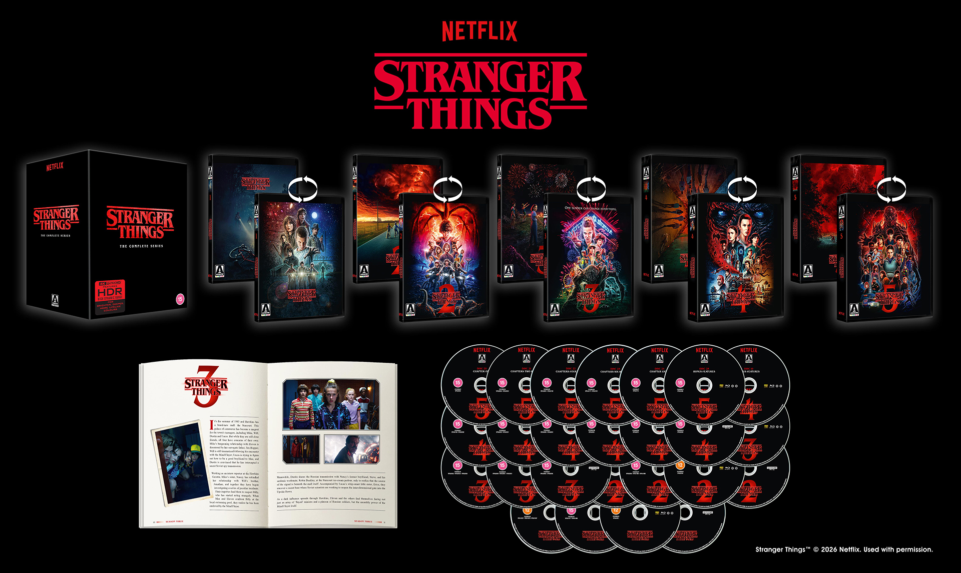 A screenshot of the Special Edition of Stranger Things: The Complete Series, showing multiple discs, a book, and box artwork