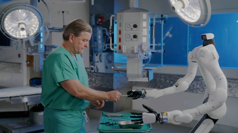An AI robot assistant helping a doctor during surgery.