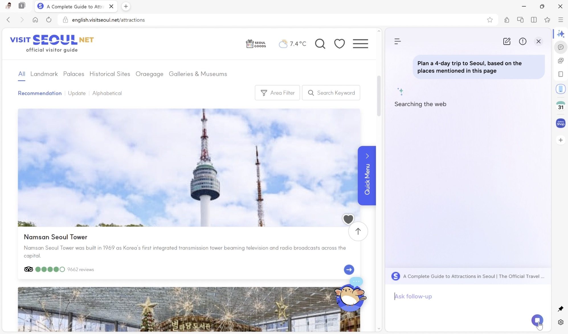 trip planning using Samsung browser
