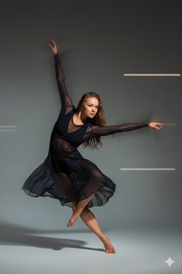 Finished product after AI generation with a sense of explosive motion to this photo of a dancer.