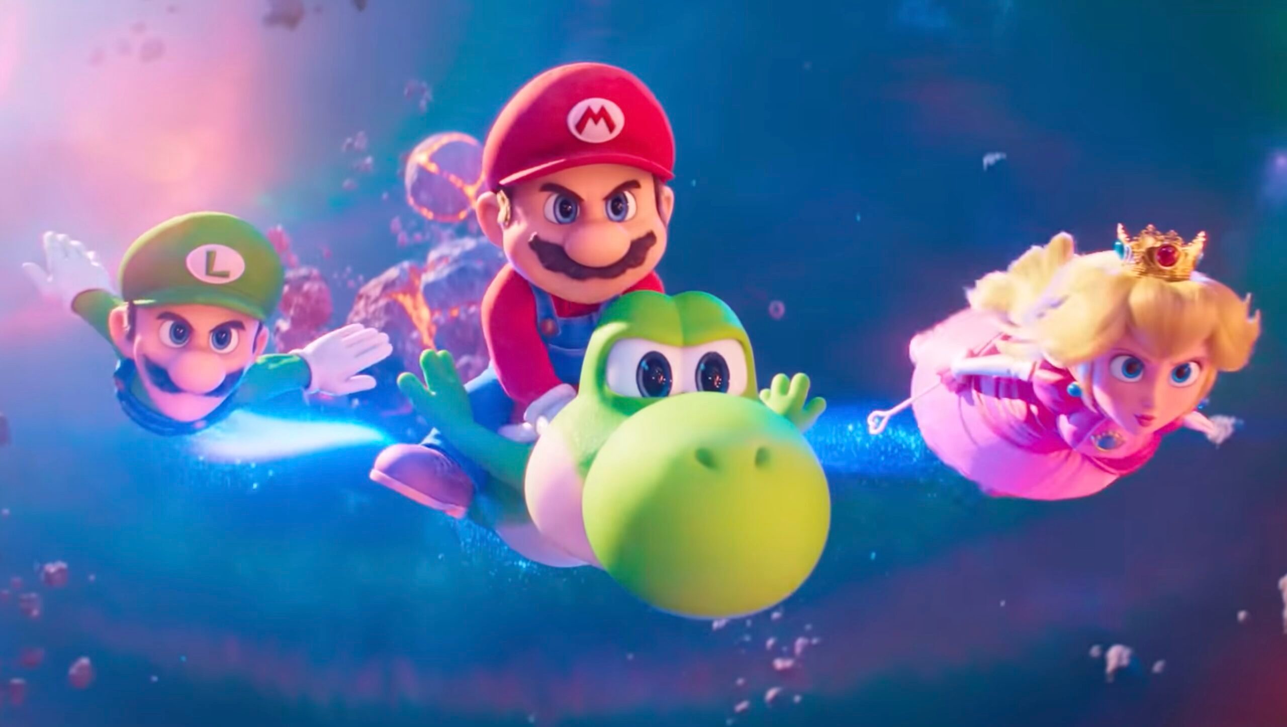 Luigi, Mario, Yoshi, and Peach flying through space in The Super Mario Galaxy Movie.