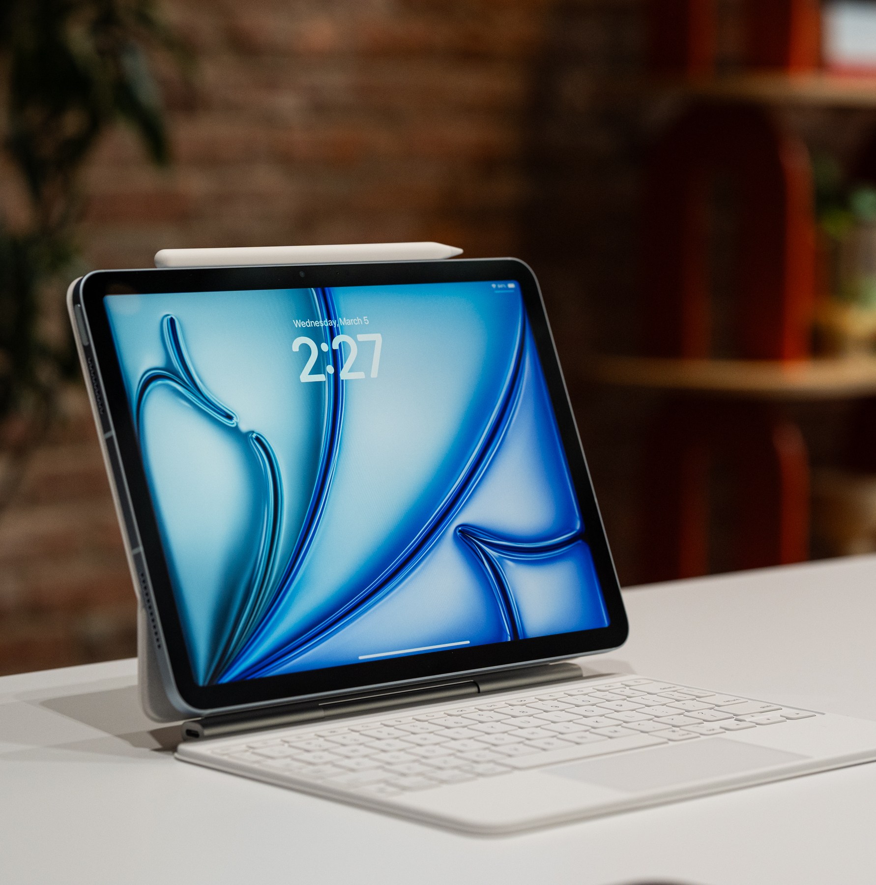 A photo of an iPad Air on a table.