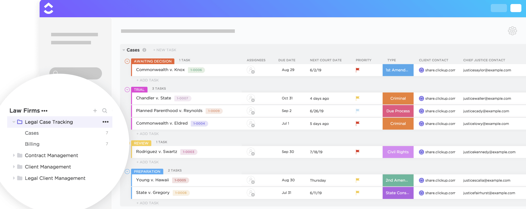 ClickUp interface showing legal case tracking with categorized case stages, task details, due dates, and client contact information.
