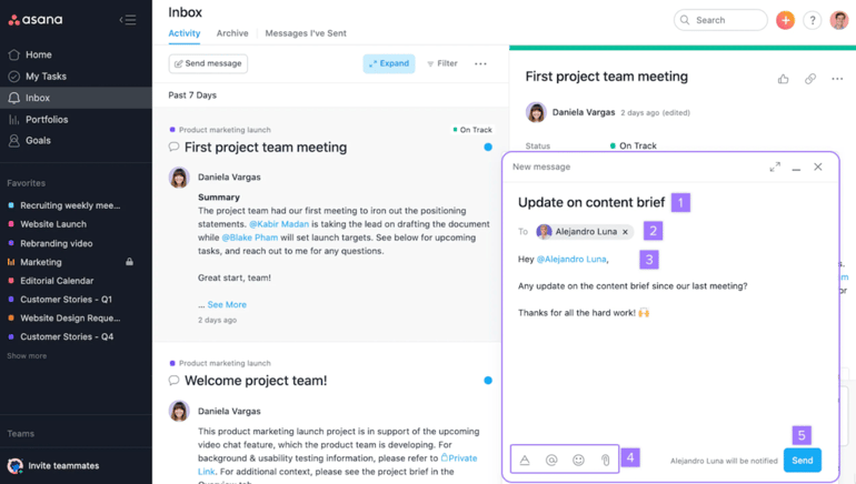 Asana Inbox interface with a message composition window showing recipient selection, @mentions, formatting tools, attachments, and a send button.