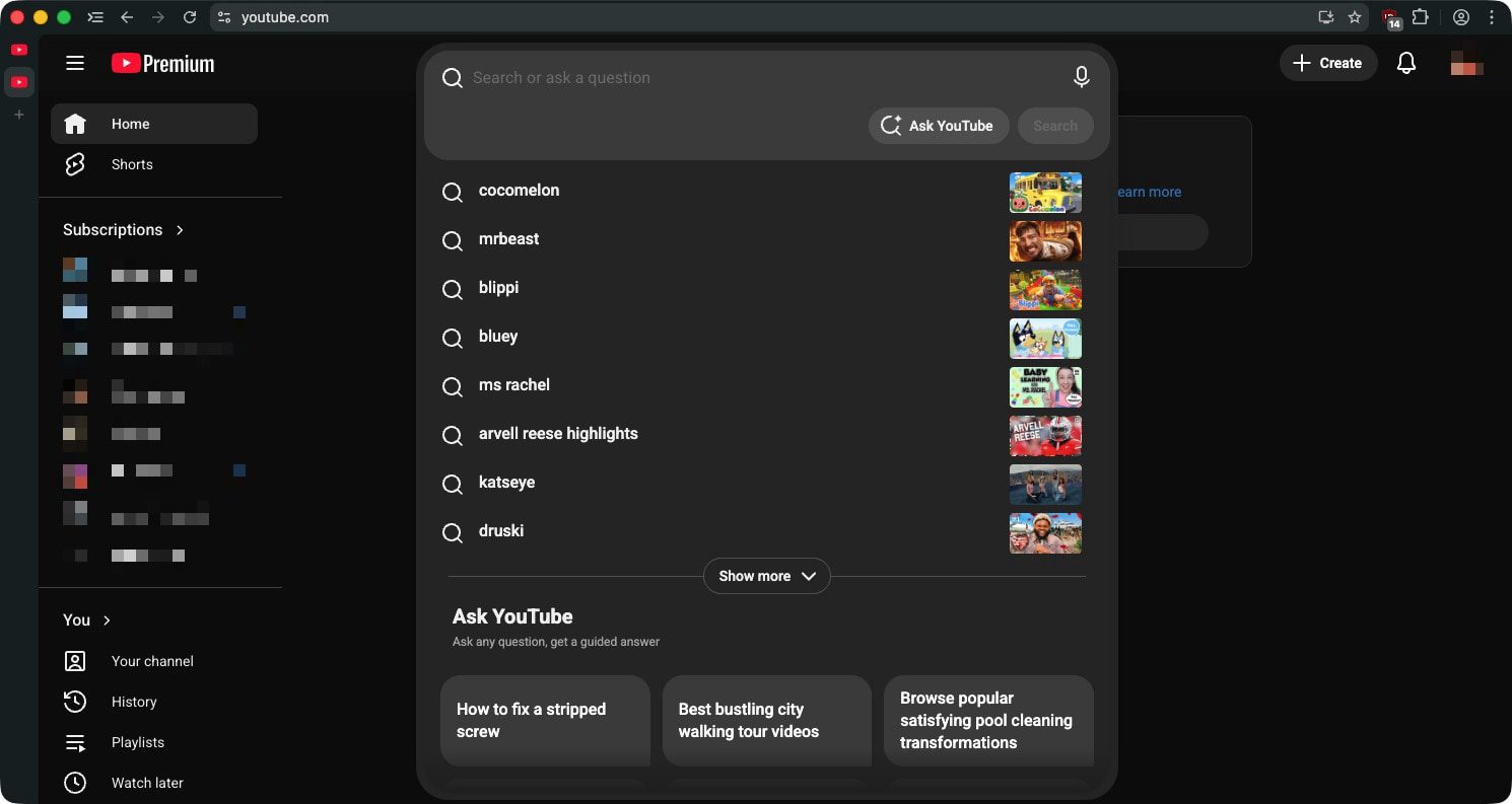 Ask Youtube search box