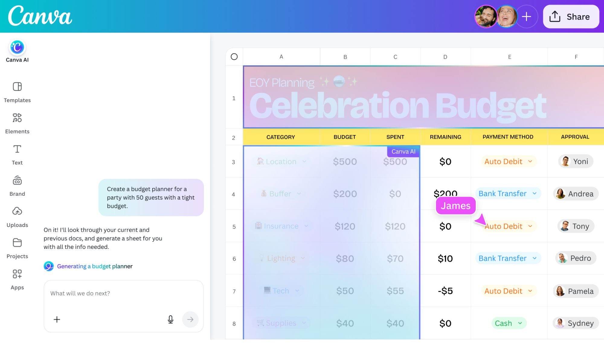 Canva AI 2.0 AI Sheets.
