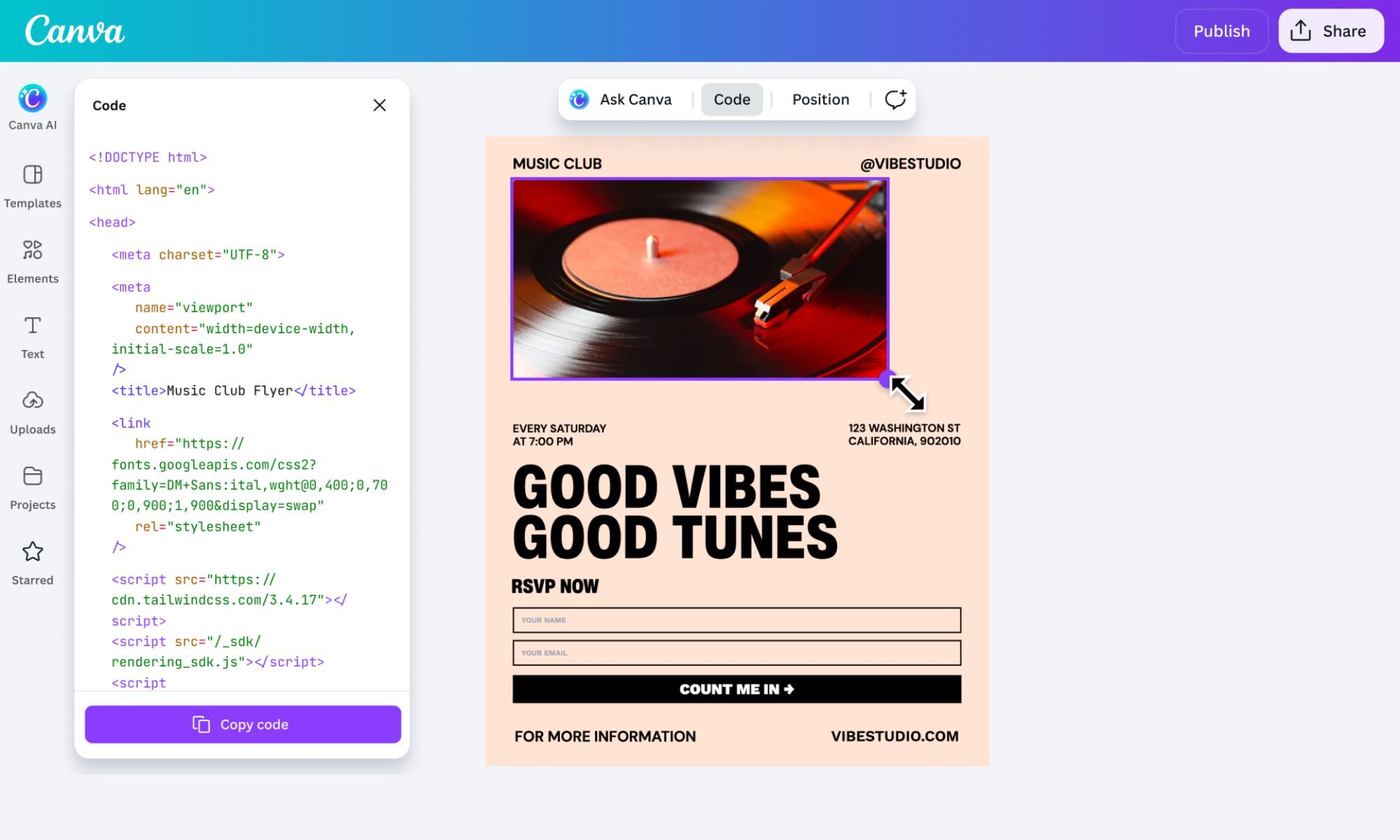 Canva AI 2.0 Code and artifact editing
