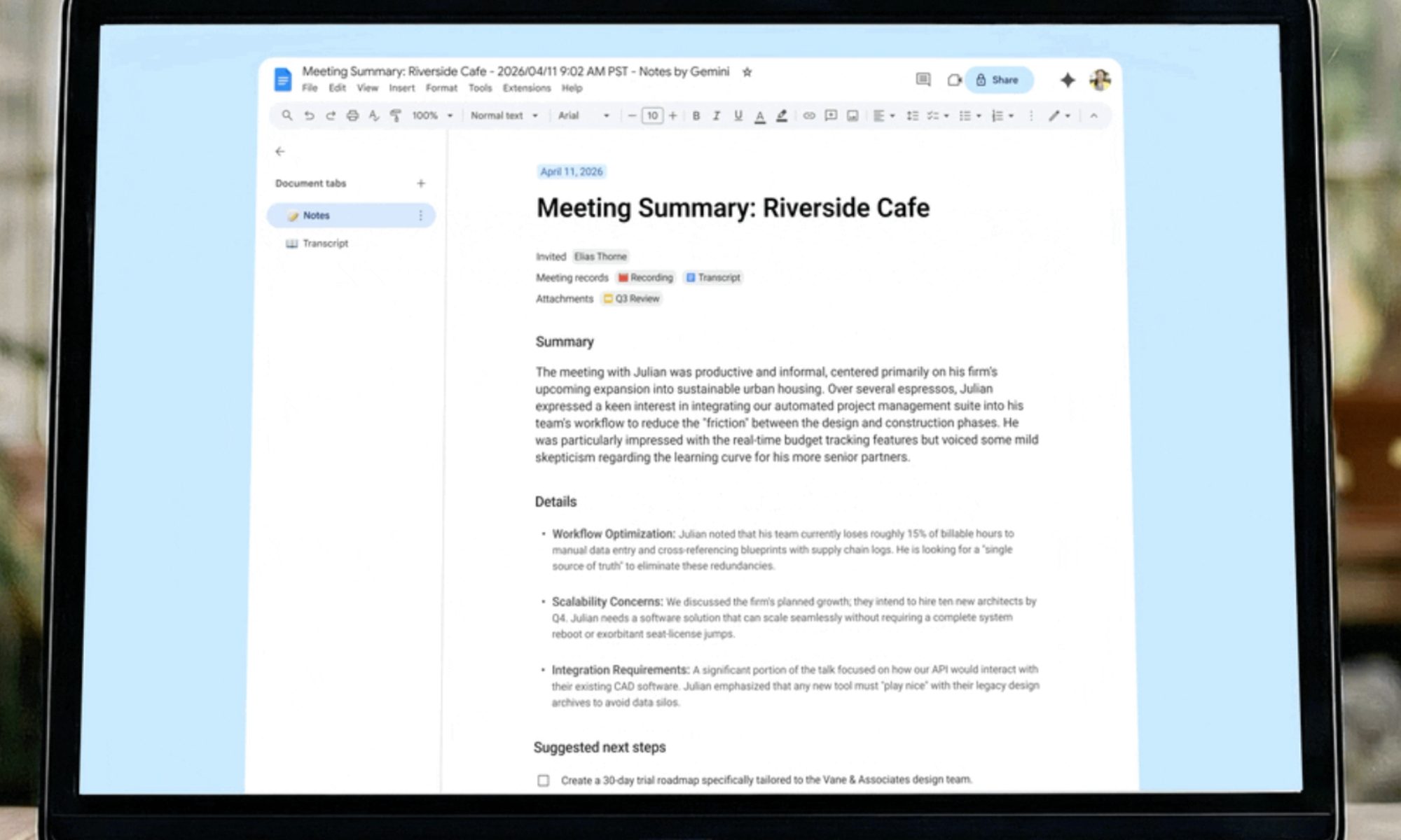 Google Meet transcription notes in Google Docs.