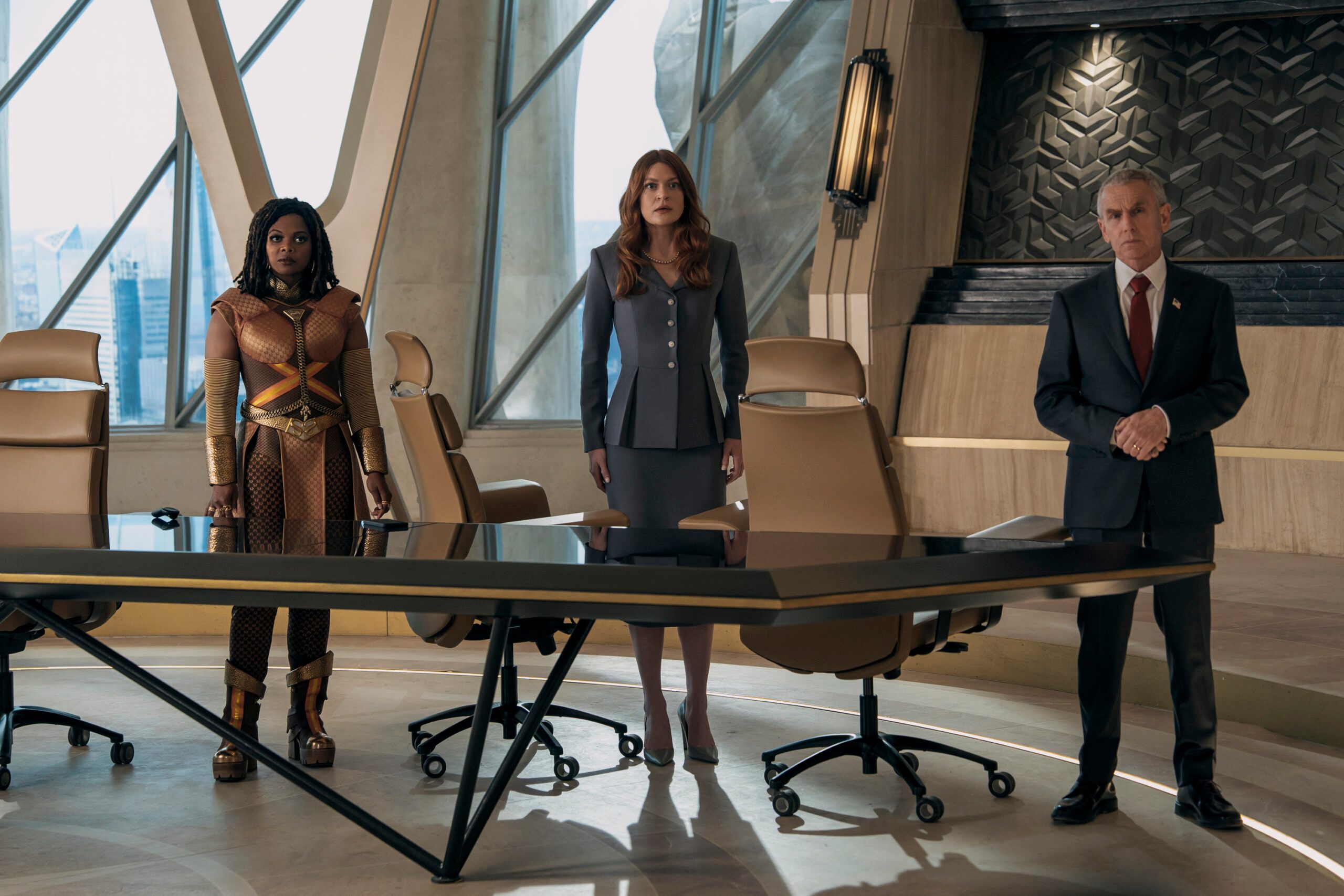 Susan Heyward (Sister Sage), Colby Minifie (Ashley Barrett), David Andrews (Steven Calhoun) in The Boys season 5.