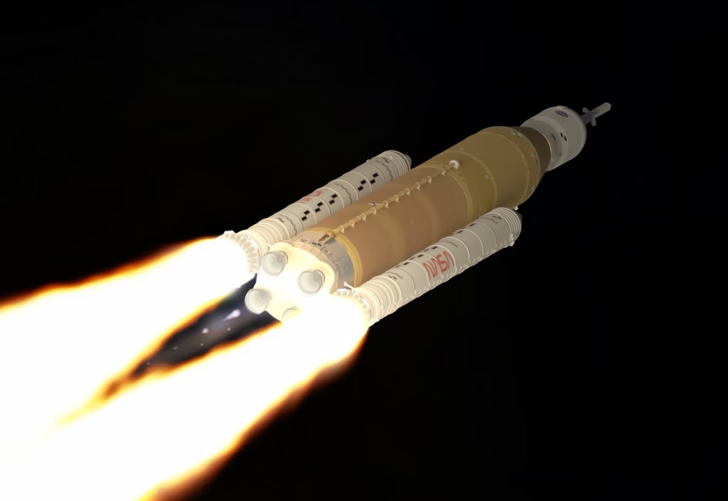 NASA animation shows SLS rocket heading to space in the Artemis II mission.