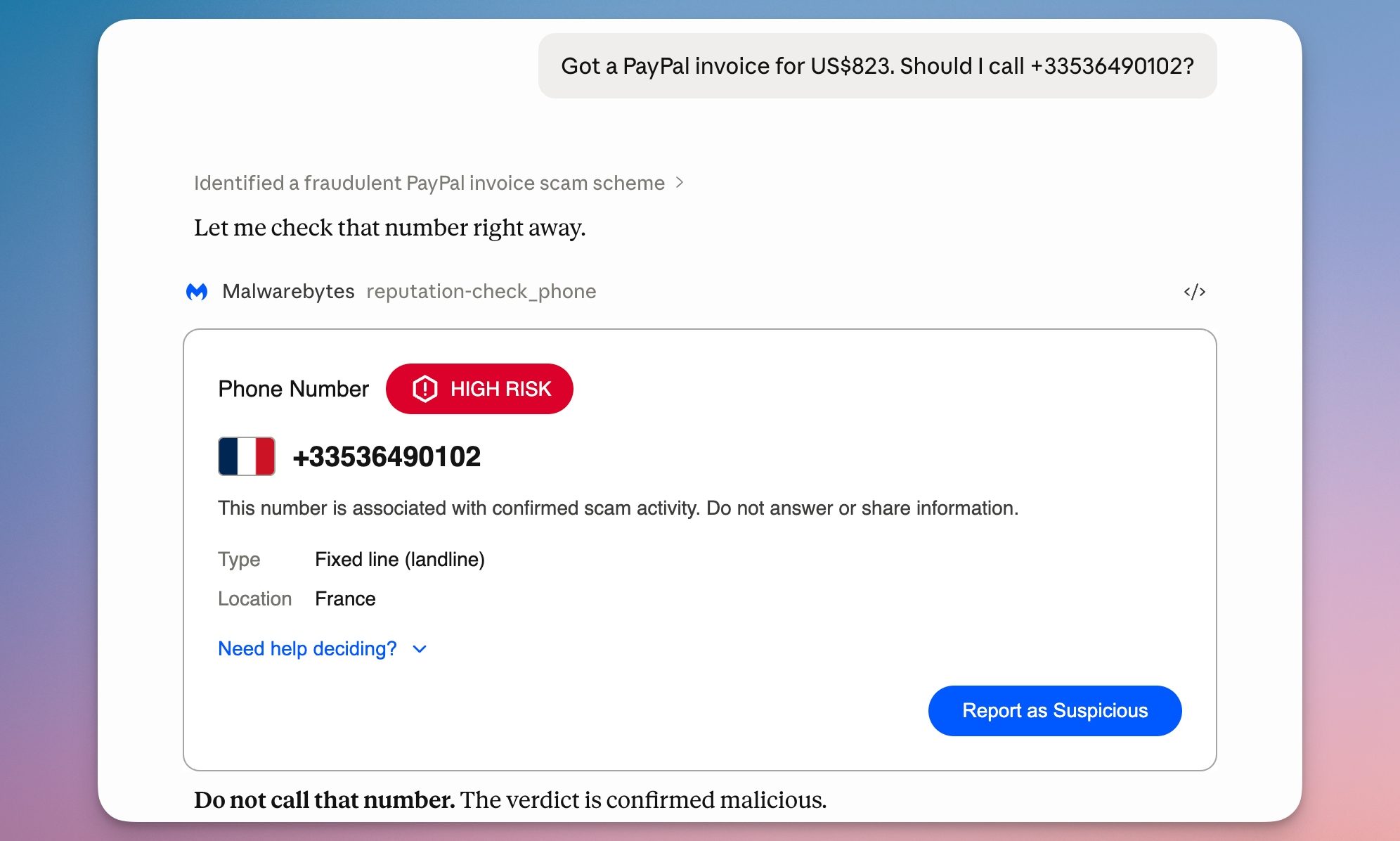 checking suspicions number using malwarebytes