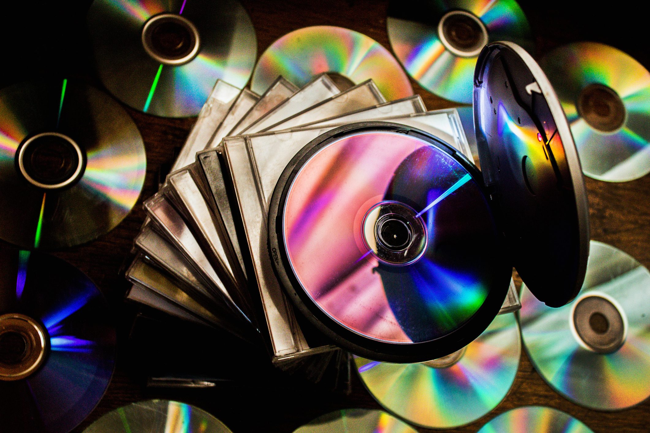 CD music collection or DVD collection in a pile.