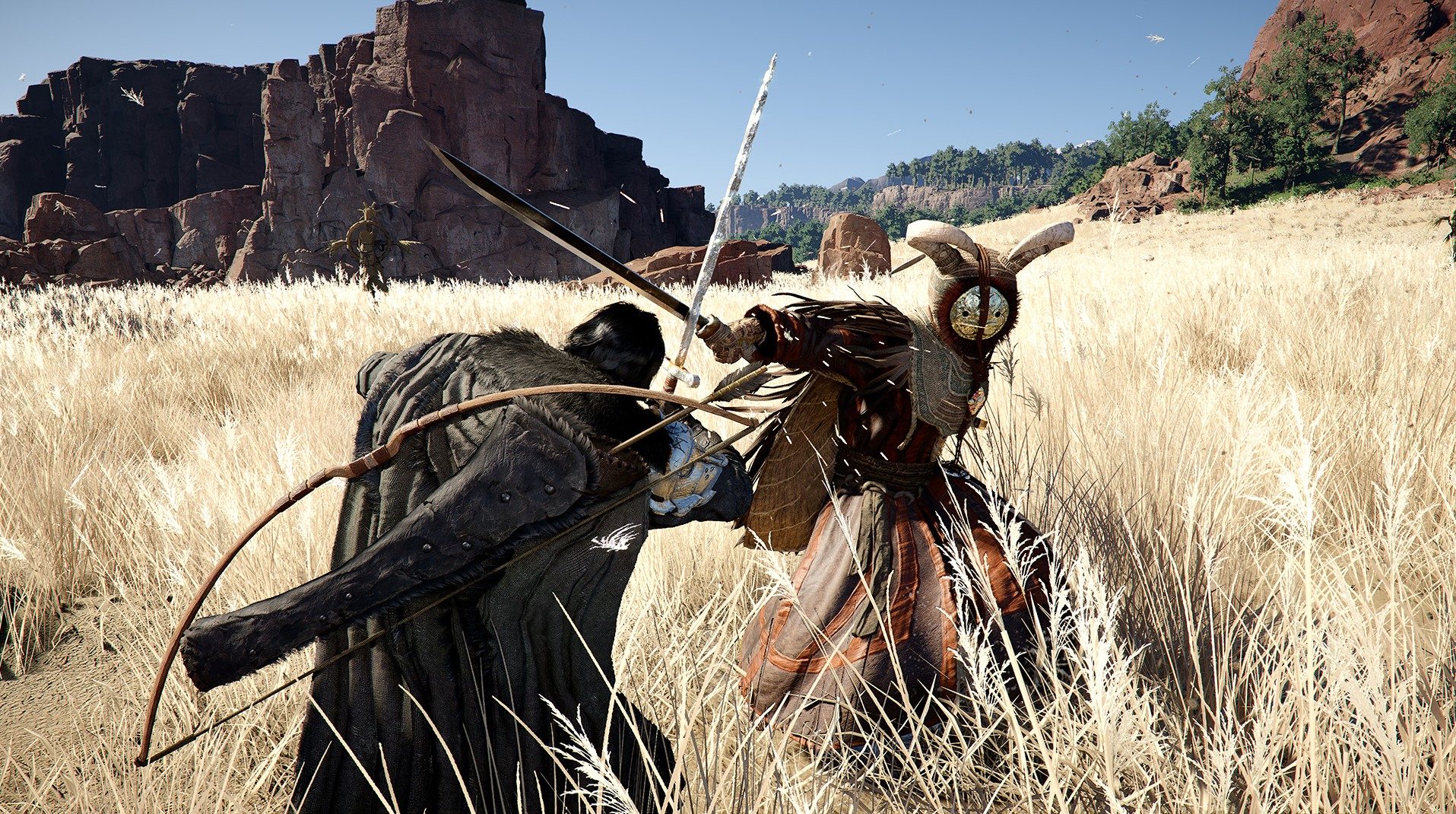 Two swordsmen clash blades in Crimson Desert.