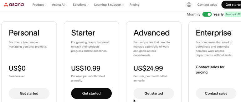 Asana pricing page displaying Personal, Starter, Advanced, and Enterprise plans with monthly pricing details